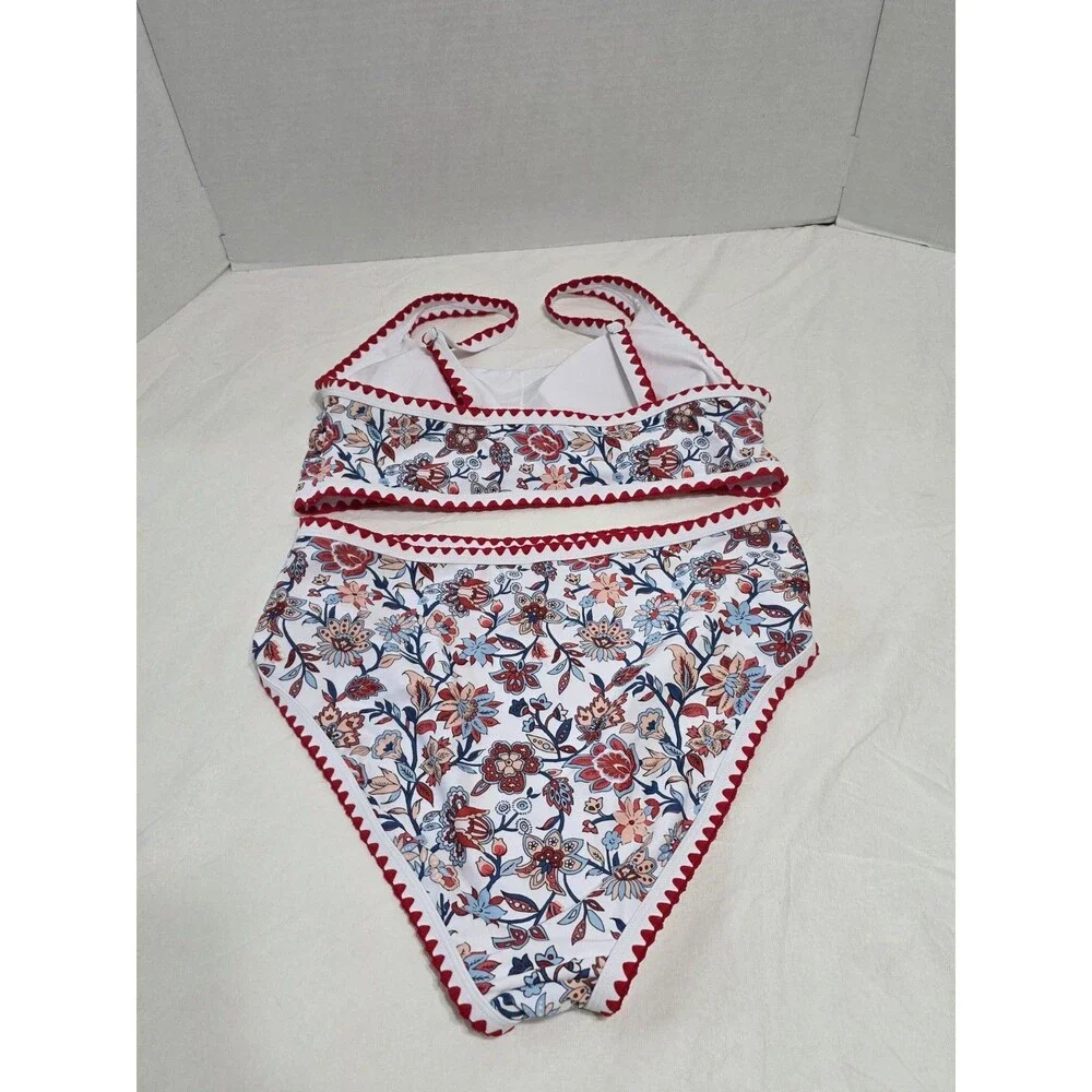 Two Piece Swimsuit White, Red, Blue and Peach Woman's Size Lg